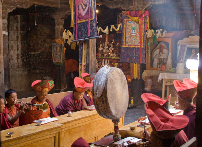 Monks chanting - hats on
