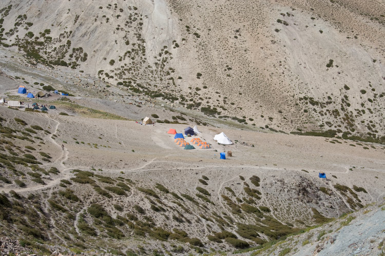 Looking down at Camp 2 from the ridge we climbed up to.
