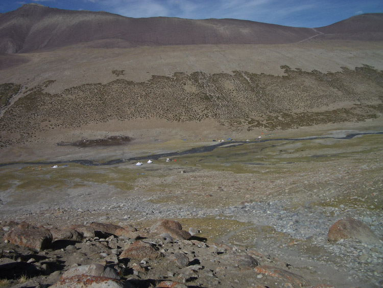 Looking down at camp from the ridge below Kang Yatze.